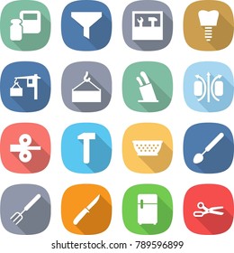 flat vector icon set - scales weight vector, funnel, tools, tooth implant, loading, crane, stands for knives, magnetic field, metal rolling, hammer, colander, big spoon, fork, knife, fridge