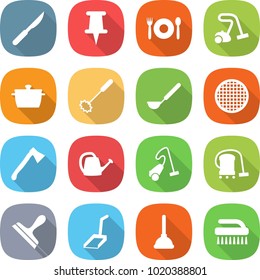 flat vector icon set - scalpel vector, pin, cafe, vacuum cleaner, pan, whisk, ladle, sieve, axe, watering can, scraper, scoop, plunger, brush
