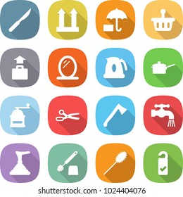 flat vector icon set - scalpel vector, cargo top sign, insurance, basket, baggage, mirror, kettle, saute pan, hand mill, scissors, axe, water tap, plunger, toilet brush, duster, please clean