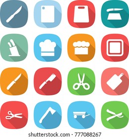 flat vector icon set - scalpel vector, cutting board, stands for knives, cook hat, chief, knife, chef, scissors, axe, trailer, pruner