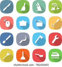 flat vector icon set - scalpel vector, broom, stands for knives, vacuum cleaner, wireless mouse, pan, steam, whisk, big spoon, sickle, axe, wrench, rake, plunger, brush