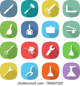 flat vector icon set - scalpel vector, doctors hammer, surgical clamp, ruler, broom, scoop, pan, garlic clasp, fork, wheelbarrow, wrench, rake, plunger