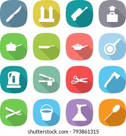 flat vector icon set - scalpel vector, cargo top sign, suitcase, baggage, saute pan, kettle, garlic clasp, scissors, axe, pruner, bucket, plunger, duster