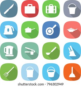 flat vector icon set - scalpel vector, suitcase, bucket, kettle, saute pan, garlic clasp, ladle, knife holder, fork, plunger