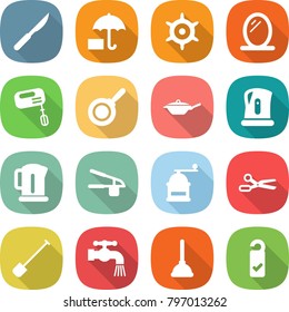 flat vector icon set - scalpel vector, insurance, handwheel, mirror, mixer, pan, kettle, garlic clasp, hand mill, scissors, shovel, water tap, plunger, please clean