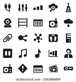 Flat vector icon set - schedule vector, music, graph, calendar, scales, money, support, sorting, shelving, radio, antenna, settings, social media, pause button, rca, cloud glass, upload, attachment