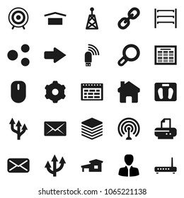 Flat vector icon set - schedule vector, manager, scales, target, dry cargo, shelving, antenna, link, mail, big data, gear, usb modem, share, home, arrow, route, magnifier, cottage, printer, mouse