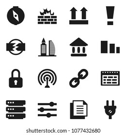 Flat vector icon set - schedule vector, compass, university, document, top sign, sorting, antenna, link, big data, equalizer, firewall, attention, disconnection, office building, lock, power plug