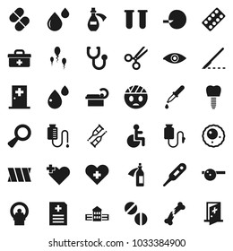Flat vector icon set - school building vector, doctor bag, disabled, heart cross, thermometer, vial, eye, magnifier, insemination, dropper, crutches, scissors, scalpel, broken bone, stethoscope, hat