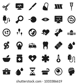 Flat vector icon set - school building vector, doctor bag, ambulance star, heart pulse, cross, thermometer, eye, gender sign, magnifier, pregnancy, insemination, crutches, scissors, scalpel, patch