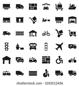 Flat vector icon set - school bus vector, bike, Railway carriage, plane, traffic light, ship, truck trailer, sea container, delivery, car, port, consolidated cargo, warehouse, disabled, amkbulance