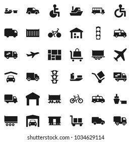 Juego de iconos de vector plano - vehículo escolar vectorial, bicicleta, transporte ferroviario, avión, semáforo, buque, remolque de camión, contenedor marítimo, entrega, automóvil, puerto, carga consolidada, almacén, inhabilitado, ambulancia