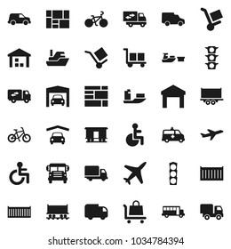 Flat vector icon set - school bus vector, bike, Railway carriage, plane, traffic light, ship, truck trailer, sea container, delivery, car, port, consolidated cargo, warehouse, disabled, amkbulance