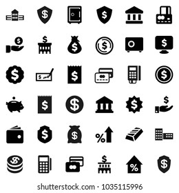 Flat vector icon set - school building vector, bank, dollar coin, gold ingot, credit card, wallet, percent growth, money bag, piggy, investment, check, receipt, medal, shield, safe, monitor, reader