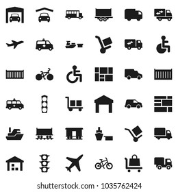 Flat vector icon set - school bus vector, bike, Railway carriage, plane, traffic light, ship, truck trailer, sea container, delivery, car, port, consolidated cargo, warehouse, disabled, amkbulance