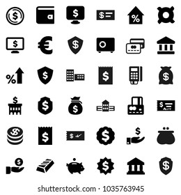 Flat vector icon set - school building vector, bank, dollar coin, gold ingot, credit card, wallet, percent growth, money bag, piggy, investment, check, receipt, medal, shield, safe, monitor, reader