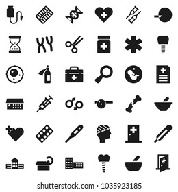 Flat vector icon set - school building vector, doctor bag, ambulance star, heart cross, thermometer, gender sign, dna, magnifier, pregnancy, insemination, syringe, crutches, scissors, broken bone