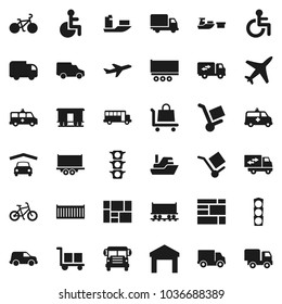 Flat vector icon set - school bus vector, bike, Railway carriage, plane, traffic light, ship, truck trailer, sea container, delivery, car, port, consolidated cargo, warehouse, disabled, amkbulance