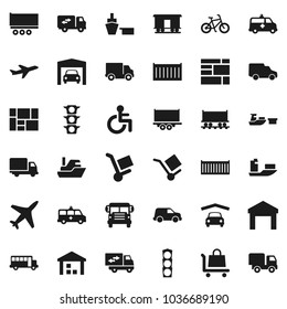 Flat vector icon set - school bus vector, bike, Railway carriage, plane, traffic light, ship, truck trailer, sea container, delivery, car, port, consolidated cargo, warehouse, disabled, amkbulance