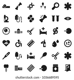 Flat vector icon set - school building vector, ambulance star, disabled, heart pulse, thermometer, vial, eye, gender sign, dna, magnifier, insemination, scissors, broken bone, pills, bottle, blister