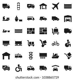 Flat vector icon set - school bus vector, bike, Railway carriage, plane, traffic light, ship, truck trailer, sea container, delivery, car, port, consolidated cargo, warehouse, disabled, amkbulance