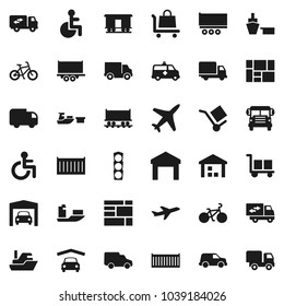 Flat vector icon set - school bus vector, bike, Railway carriage, plane, traffic light, ship, truck trailer, sea container, delivery, car, port, consolidated cargo, warehouse, disabled, amkbulance