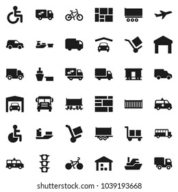 Flat vector icon set - school bus vector, bike, Railway carriage, plane, traffic light, ship, truck trailer, sea container, delivery, car, port, consolidated cargo, warehouse, disabled, amkbulance