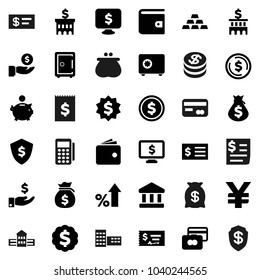 Flat vector icon set - school building vector, bank, dollar coin, credit card, wallet, percent growth, money bag, piggy, investment, check, receipt, medal, shield, safe, monitor, yen sign, reader