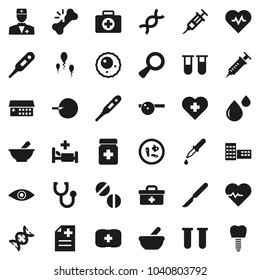 Flat vector icon set - school building vector, heart pulse, cross, first aid kit, doctor bag, thermometer, vial, eye, dna, magnifier, insemination, syringe, dropper, scalpel, broken bone, pills, hat