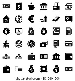 Flat vector icon set - school building vector, bank, dollar coin, gold ingot, credit card, wallet, percent growth, money bag, piggy, receipt, medal, shield, safe, monitor, any currency, euro sign