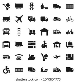 Flat vector icon set - school bus vector, bike, Railway carriage, plane, traffic light, ship, truck trailer, sea container, delivery, car, port, consolidated cargo, warehouse, disabled, amkbulance