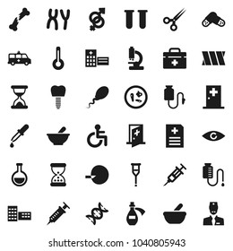 Flat vector icon set - school building vector, doctor bag, disabled, thermometer, flask, vial, eye, gender sign, dna, insemination, syringe, dropper, crutches, scissors, broken bone, sand clock