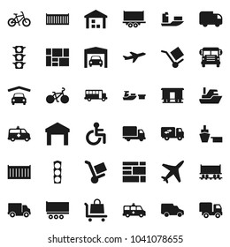 Flat vector icon set - school bus vector, bike, Railway carriage, plane, traffic light, ship, truck trailer, sea container, delivery, car, port, consolidated cargo, warehouse, disabled, amkbulance