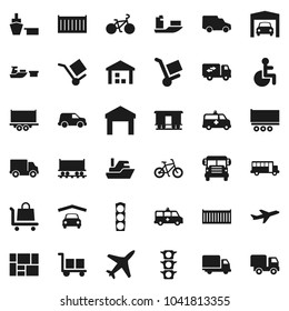 Flat vector icon set - school bus vector, bike, Railway carriage, plane, traffic light, ship, truck trailer, sea container, delivery, car, port, consolidated cargo, warehouse, disabled, amkbulance