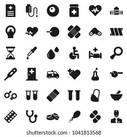 Flat vector icon set - school building vector, disabled, heart pulse, cross, thermometer, flask, vial, gender sign, magnifier, insemination, dropper, sand clock, patch, stethoscope, pills, bottle
