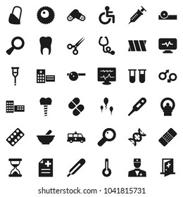 Flat vector icon set - school building vector, disabled, doctor, thermometer, vial, gender sign, dna, magnifier, syringe, crutches, scissors, sand clock, patch, stethoscope, pills, blister, mortar