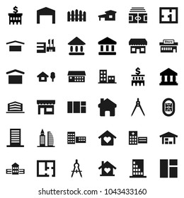 Flat vector icon set - school building vector, drawing compass, university, bank, stadium, dry cargo, hospital, home, cottage, chalet, barn, fence, plan, apartments, office, love, store, mall