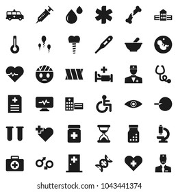 Flat vector icon set - school building vector, heart pulse, cross, first aid kit, ambulance star, disabled, doctor, thermometer, vial, eye, gender sign, dna, pregnancy, insemination, syringe, mortar