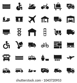 Flat vector icon set - school bus vector, bike, Railway carriage, plane, traffic light, ship, truck trailer, sea container, delivery, car, port, consolidated cargo, warehouse, disabled, amkbulance