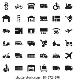 Flat vector icon set - school bus vector, bike, Railway carriage, plane, traffic light, ship, truck trailer, sea container, delivery, car, port, consolidated cargo, warehouse, disabled, amkbulance