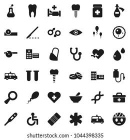 Flat vector icon set - school building vector, doctor bag, ambulance star, disabled, heart pulse, cross, thermometer, flask, vial, eye, gender sign, dna, magnifier, scalpel, patch, stethoscope, hat