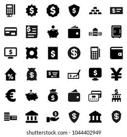 Flat vector icon set - school building vector, bank, wallet, percent growth, money bag, piggy, investment, check, receipt, dollar medal, shield, safe, monitor, any currency, euro sign, yen, coin