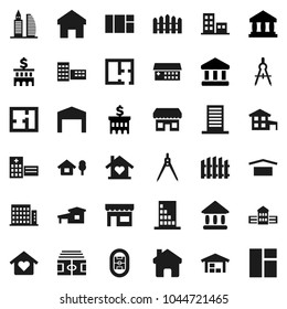 Flat vector icon set - school building vector, drawing compass, university, bank, stadium, dry cargo, hospital, home, cottage, chalet, barn, fence, plan, apartments, office, love, store, window