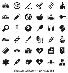 Flat vector icon set - school building vector, doctor bag, ambulance star, disabled, heart pulse, cross, thermometer, flask, vial, eye, dna, magnifier, pregnancy, syringe, dropper, crutches, scalpel