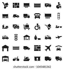 Flat vector icon set - school bus vector, bike, Railway carriage, plane, traffic light, ship, truck trailer, sea container, delivery, car, port, consolidated cargo, warehouse, disabled, amkbulance