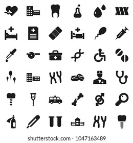 Flat vector icon set - school building vector, doctor bag, disabled, heart pulse, thermometer, flask, vial, gender sign, dna, magnifier, syringe, dropper, crutches, broken bone, patch, stethoscope