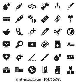 Flat vector icon set - school building vector, heart cross, first aid kit, doctor bag, thermometer, gender sign, dna, magnifier, pregnancy, syringe, dropper, crutches, scissors, scalpel, broken bone