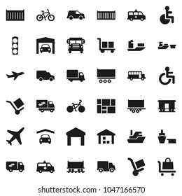 Flat vector icon set - school bus vector, bike, Railway carriage, plane, traffic light, ship, truck trailer, sea container, delivery, car, port, consolidated cargo, warehouse, disabled, amkbulance