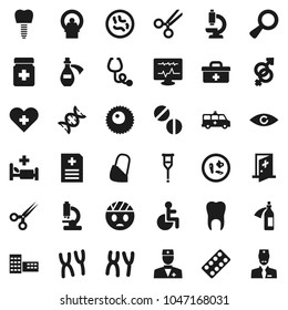 Flat vector icon set - school building vector, doctor bag, disabled, heart cross, eye, gender sign, dna, magnifier, crutches, scissors, stethoscope, pills, bottle, blister, microscope, microbs, head