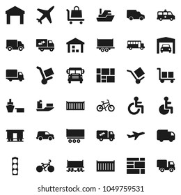 Flat vector icon set - school bus vector, bike, Railway carriage, plane, traffic light, ship, truck trailer, sea container, delivery, car, port, consolidated cargo, warehouse, disabled, amkbulance